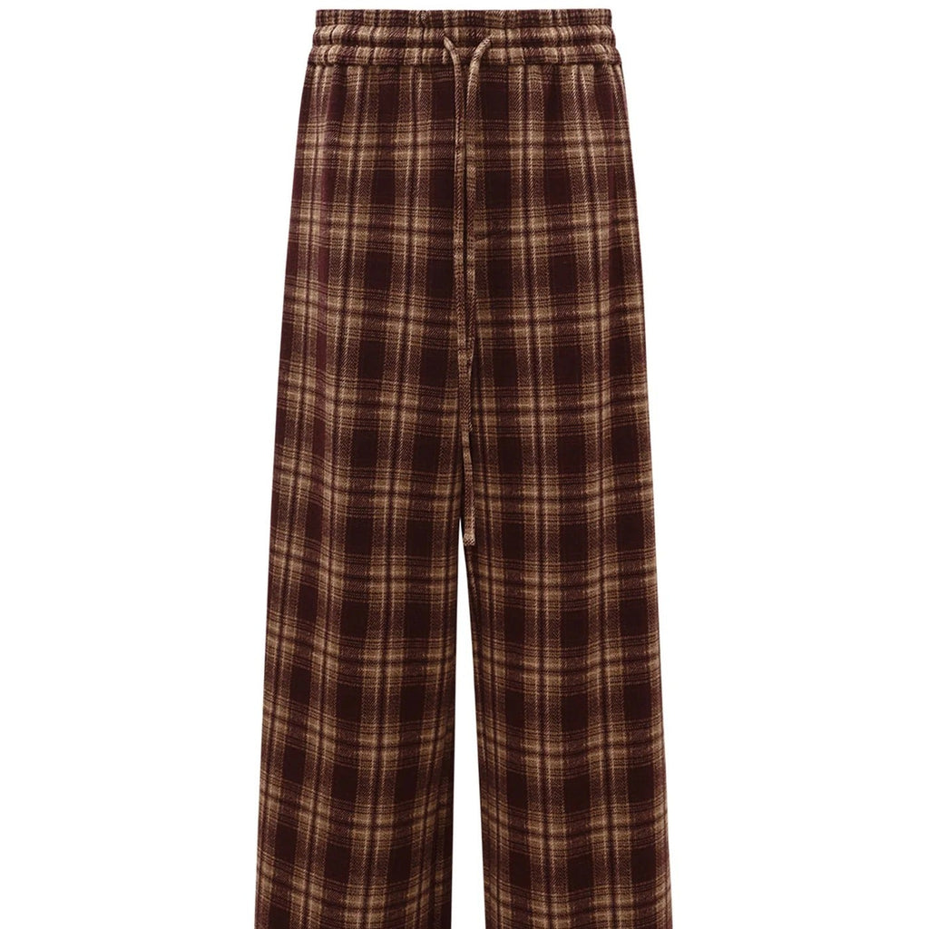 Brown Plaid Wide Leg Casual Trousers With A Drawstring Waist