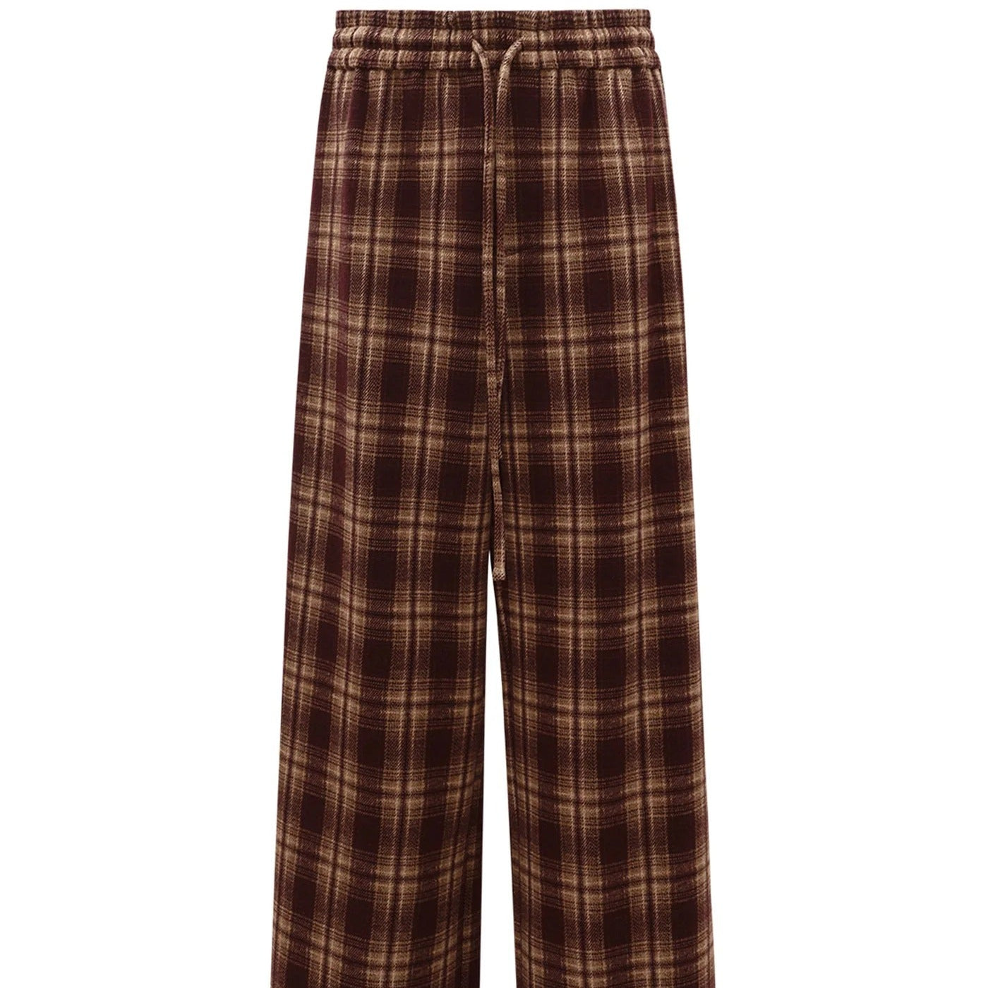 Brown Plaid Wide Leg Casual Trousers With A Drawstring Waist