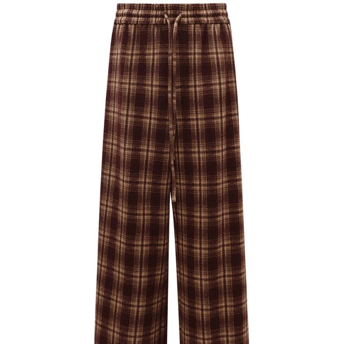 Brown Plaid Wide Leg Casual Trousers With A Drawstring Waist