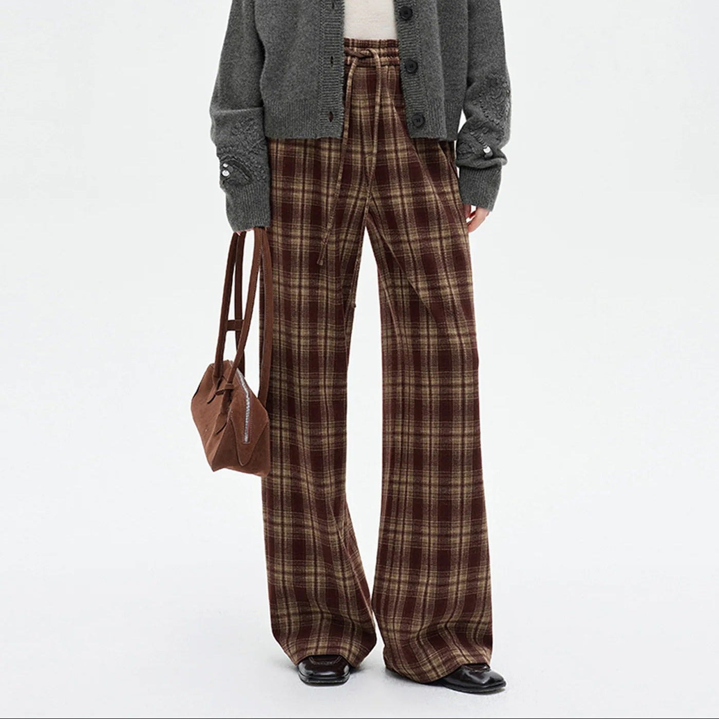 Brown Plaid Wide Leg Casual Trousers With A Drawstring Waist