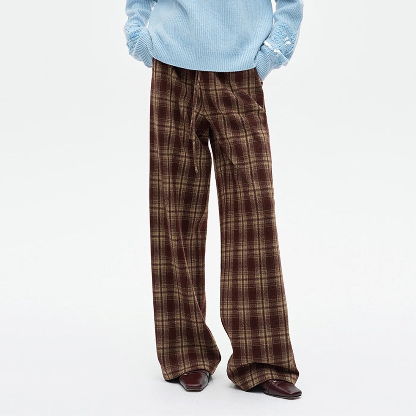 Brown Plaid Wide Leg Casual Trousers With A Drawstring Waist