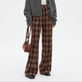 Brown Plaid Wide Leg Casual Trousers With A Drawstring Waist
