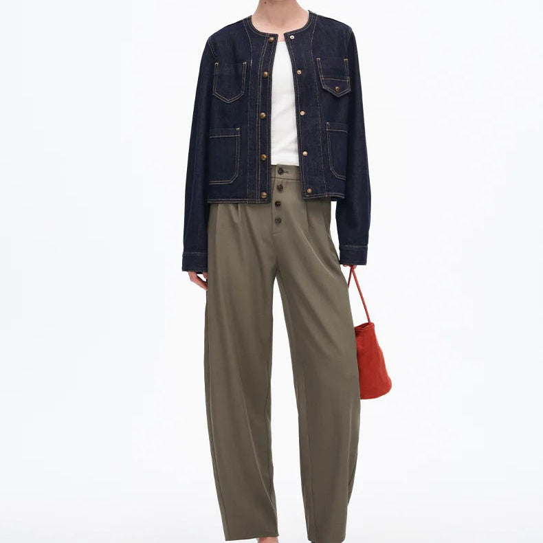 Collarless Multi Pocket Cropped Denim Jacket
