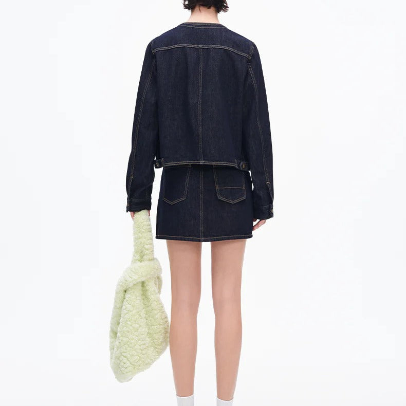 Collarless Multi Pocket Cropped Denim Jacket