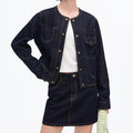 Collarless Multi Pocket Cropped Denim Jacket