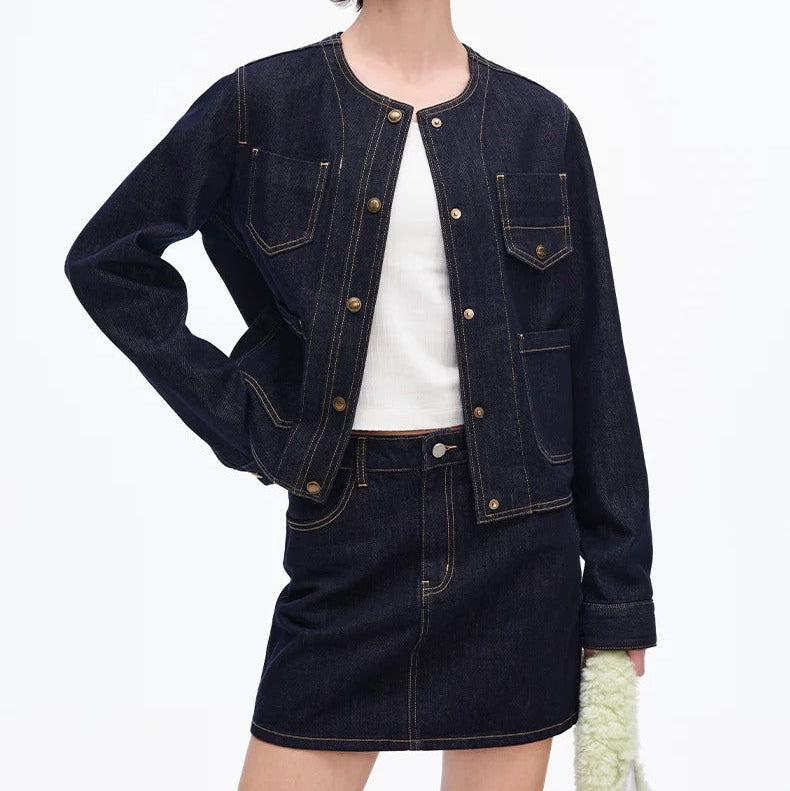 Collarless Multi Pocket Cropped Denim Jacket