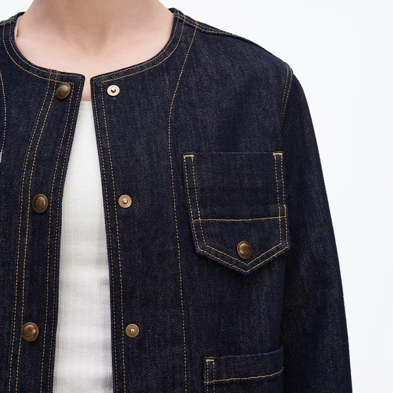 Collarless Multi Pocket Cropped Denim Jacket