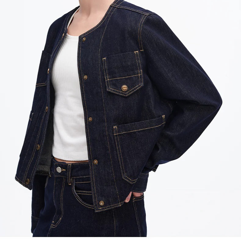 Collarless Multi Pocket Cropped Denim Jacket