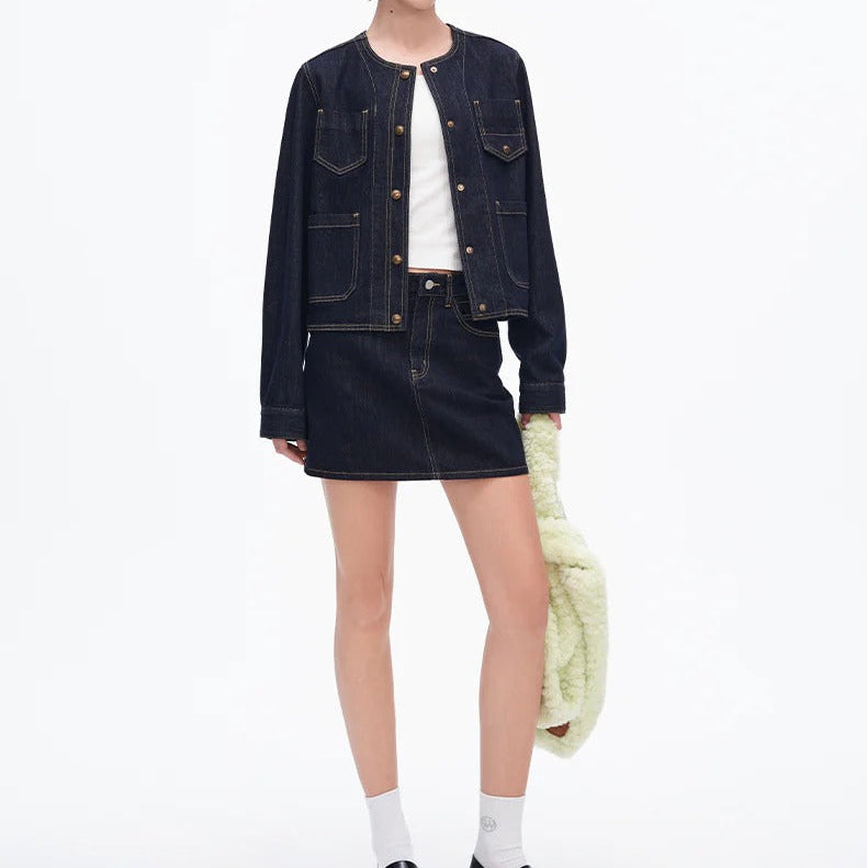 Collarless Multi Pocket Cropped Denim Jacket