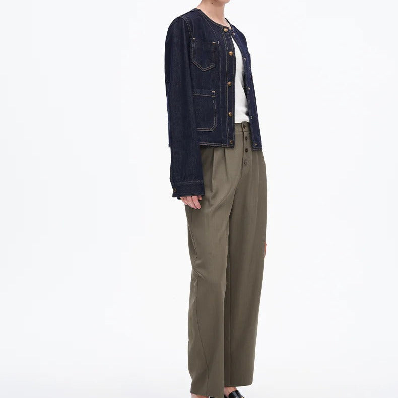 Collarless Multi Pocket Cropped Denim Jacket