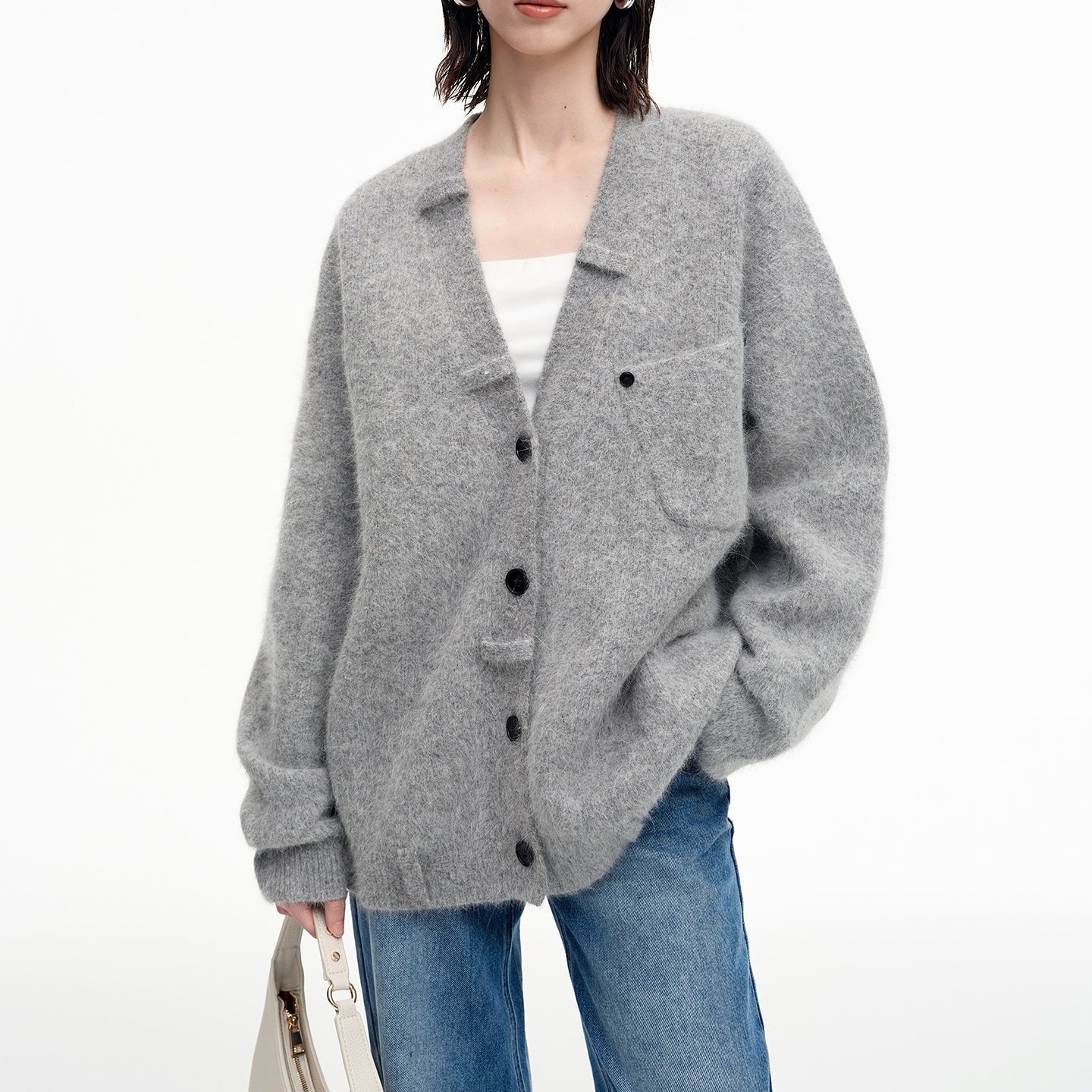 Relaxed Fit Mohair Blend Cardigan With A Collar