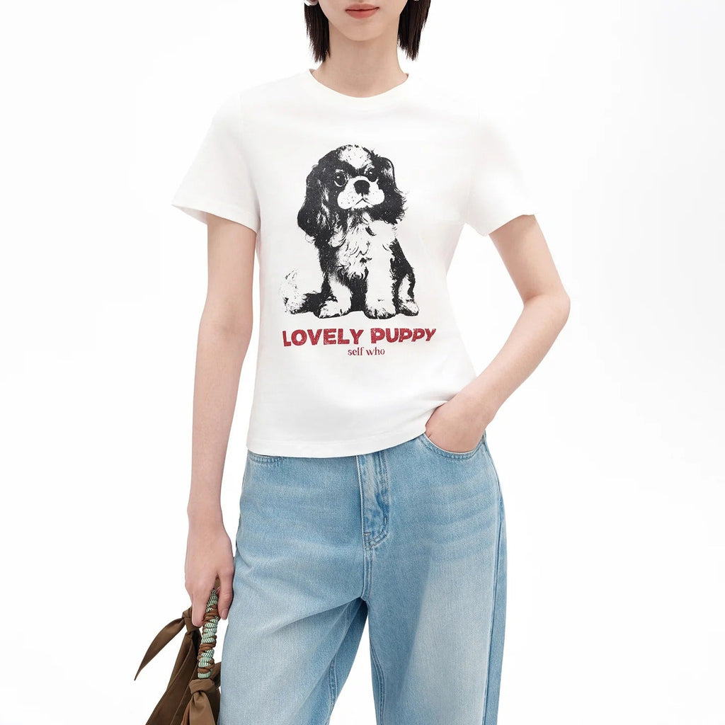 Retro Puppy Print Short Sleeve T Shirt