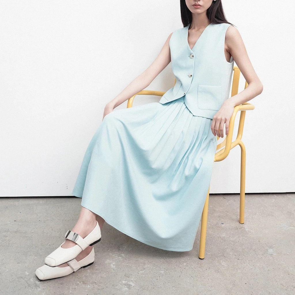 TwoPiece Set V Neck Top And Pleated Maxi Skirt