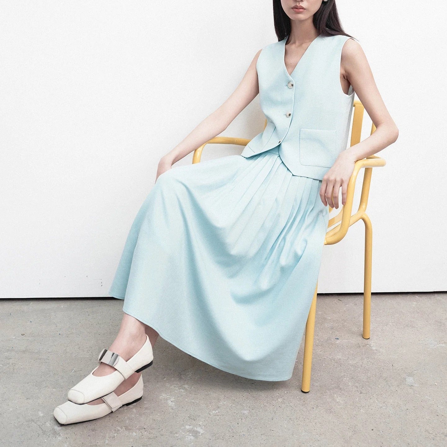 TwoPiece Set V Neck Top And Pleated Maxi Skirt
