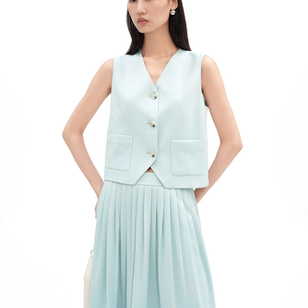 TwoPiece Set V Neck Top And Pleated Maxi Skirt