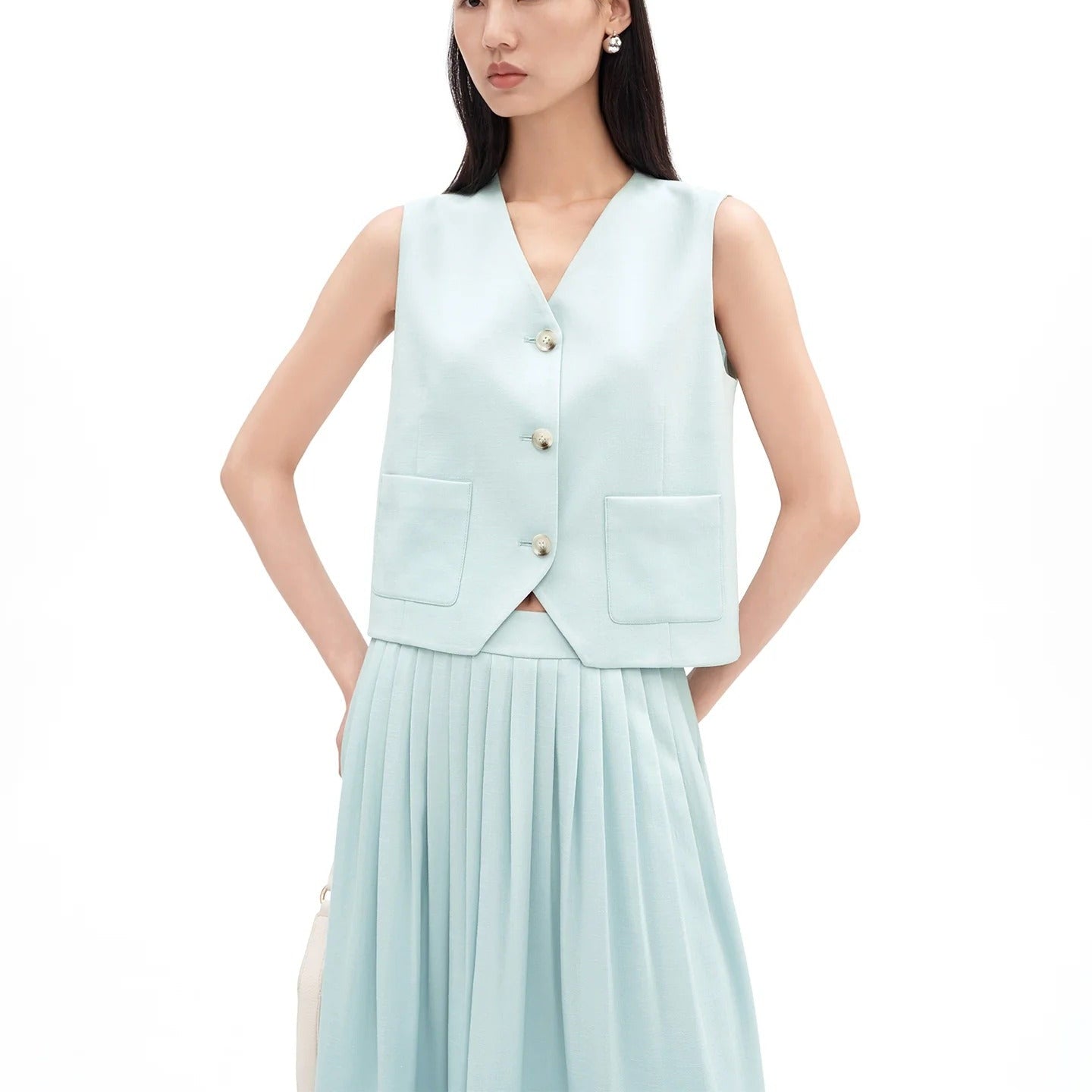 TwoPiece Set V Neck Top And Pleated Maxi Skirt