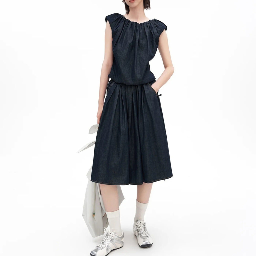 Two Piece Set Pleated Sleeveless Top And Skirt