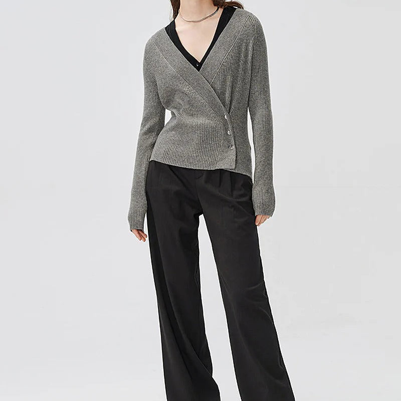 V Neck Ribbed Knit Top With Diagonal Button Detail