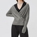 V Neck Ribbed Knit Top With Diagonal Button Detail