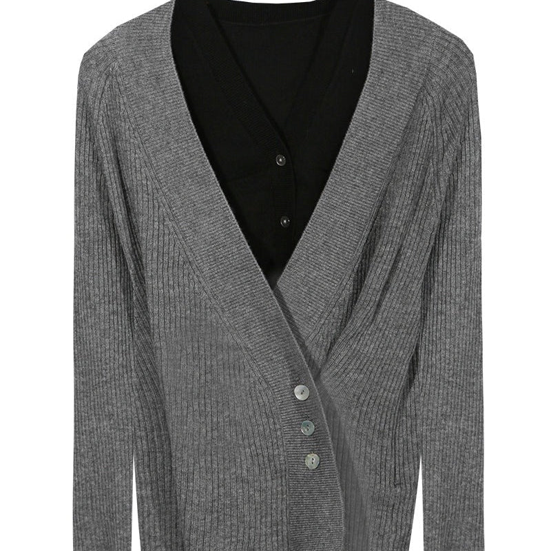 V Neck Ribbed Knit Top With Diagonal Button Detail