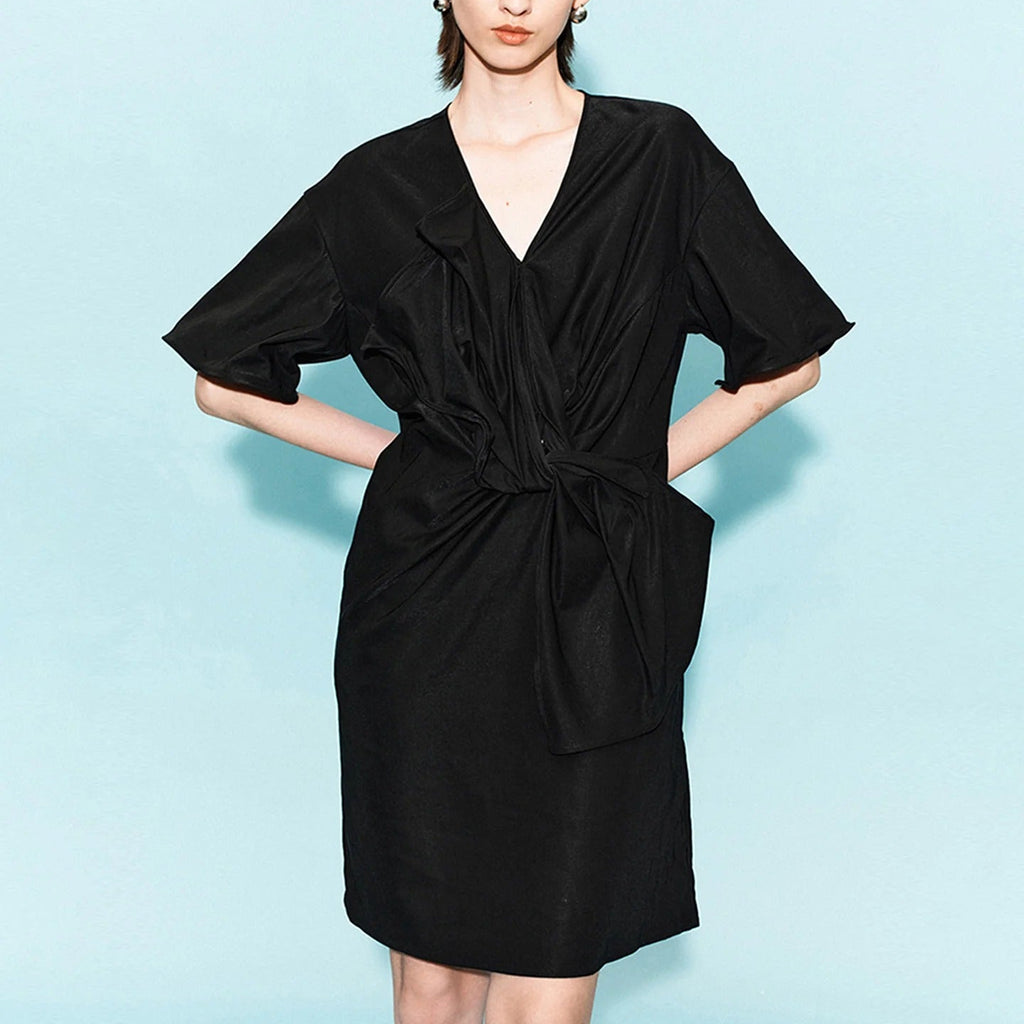 V Neck Twist Front Puff Sleeve Dress