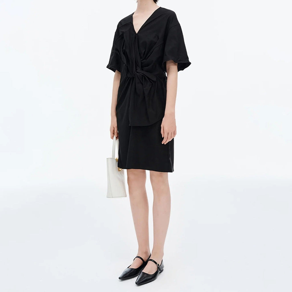 V Neck Twist Front Puff Sleeve Dress