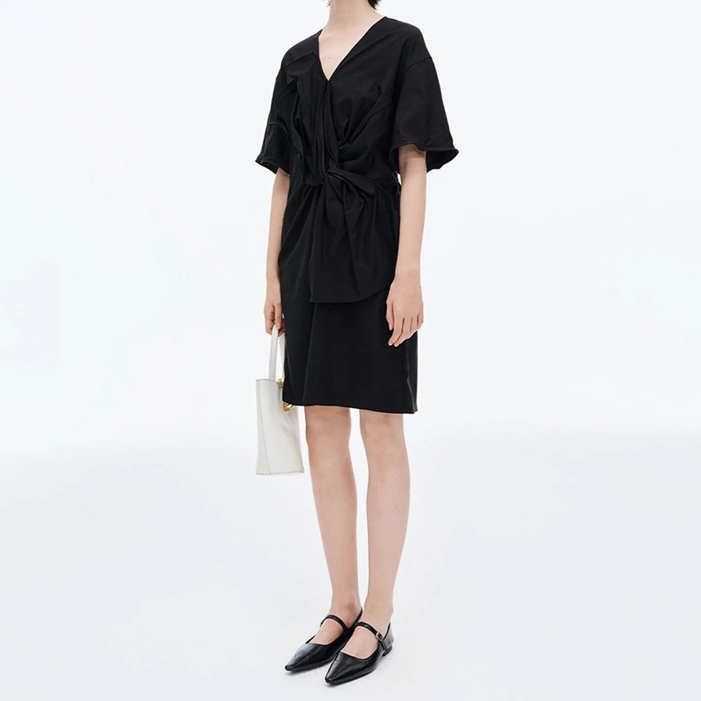 V Neck Twist Front Puff Sleeve Dress