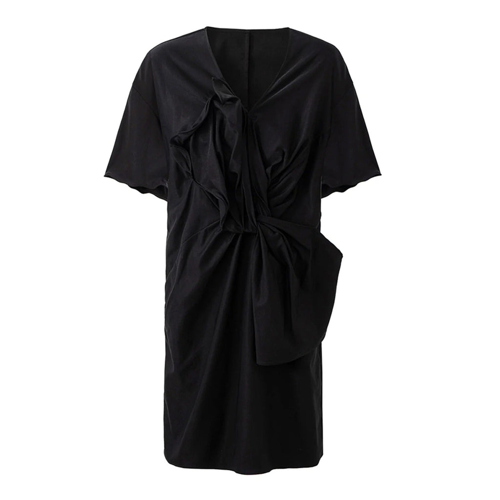V Neck Twist Front Puff Sleeve Dress