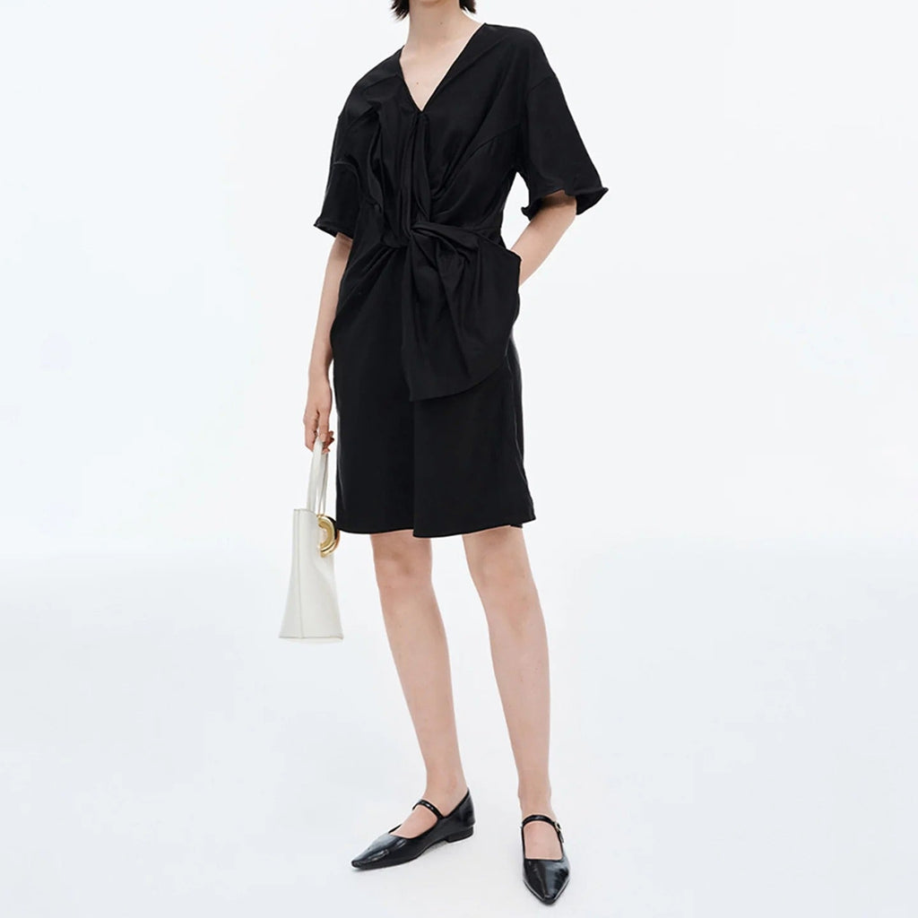 V Neck Twist Front Puff Sleeve Dress