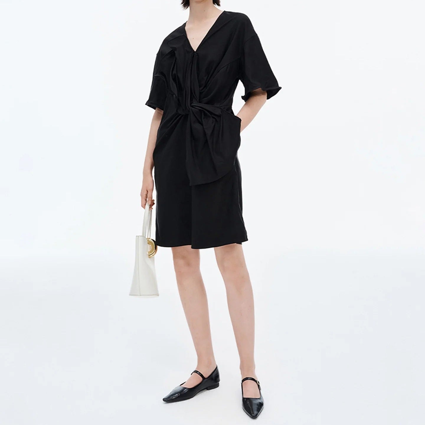 V Neck Twist Front Puff Sleeve Dress